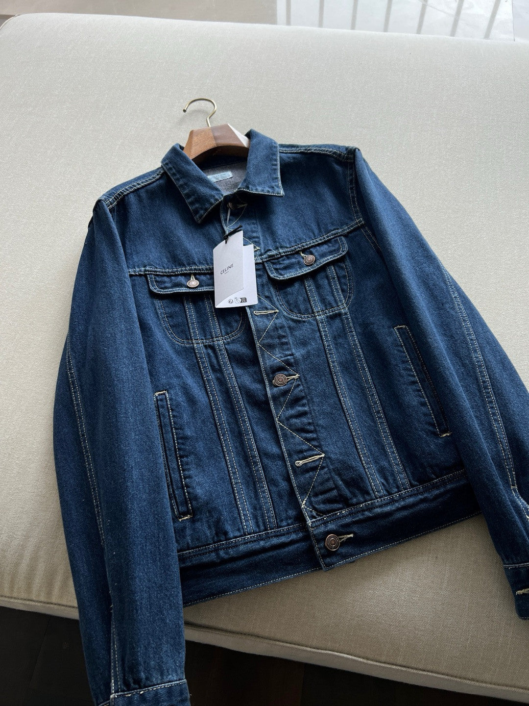 Celine Men's And Women's Spring And Autumn Solid Color Letter Print Single Breasted Long Sleeved Denim Jacket #77737