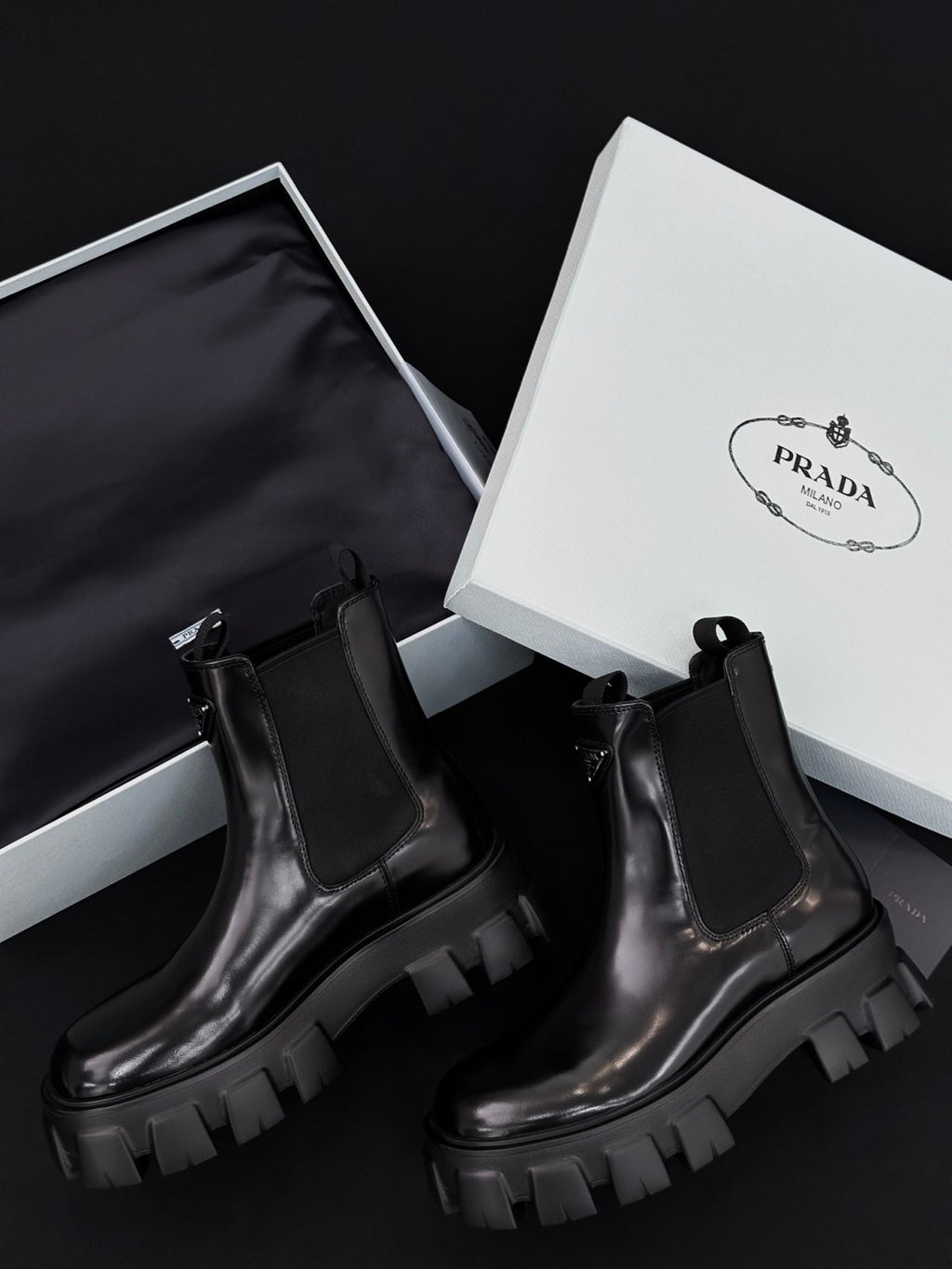 Prada Women's Fall/Winter Fashion Classic Solid Color Round Toe Slip On Leather Ankle Boots Chester Boots with Thick Soles Shoes #78532
