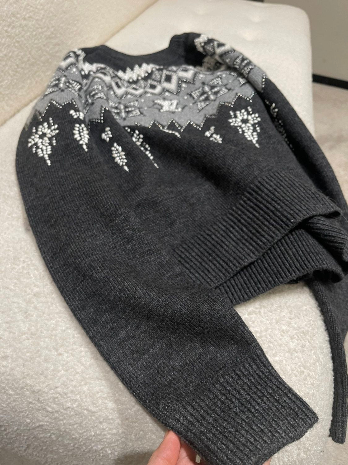 Louis Vuitton Men's Spring & Autumn Crew Neck Gray & White Embellished Cotton Wool Knit Sweater #74322