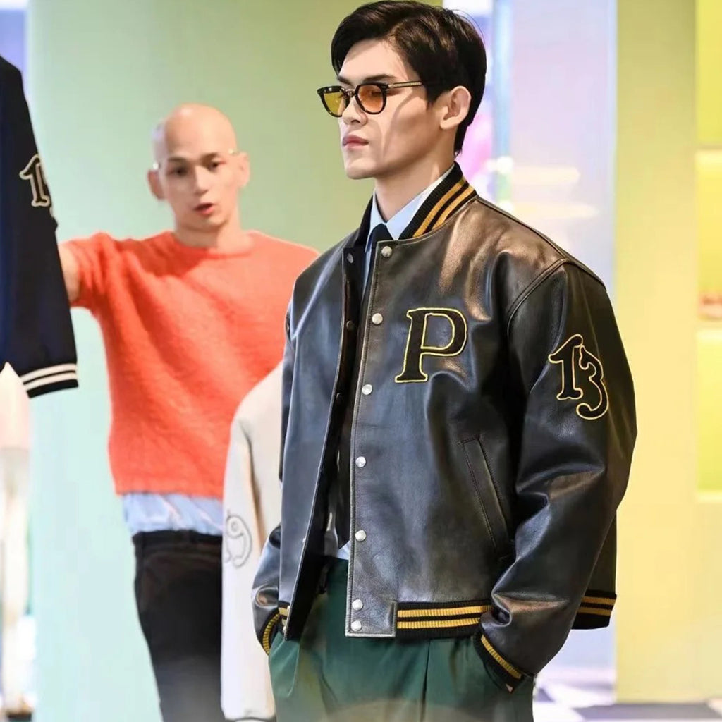 Prada Men's And Women's Fall And Winter Retro Letters High Street Leather Jacket Lapel Single-breasted Jacket Coat Ngvp #9223