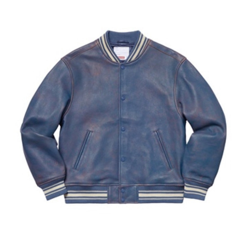 Supreme Men's Women's Spring And Autumn Blue Single Breasted Old Fashion Long Sleeve Loose Leather Jacket #98716