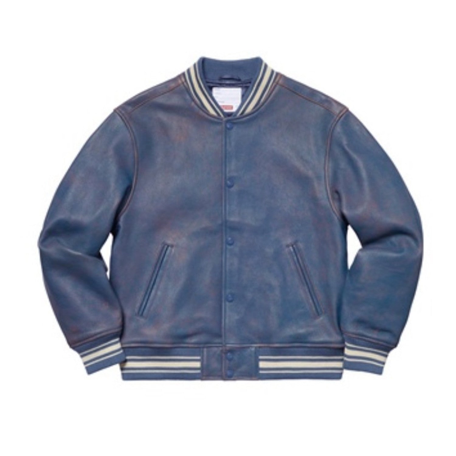 Supreme Men's Women's Spring And Autumn Blue Single Breasted Old Fashion Long Sleeve Loose Leather Jacket #98716