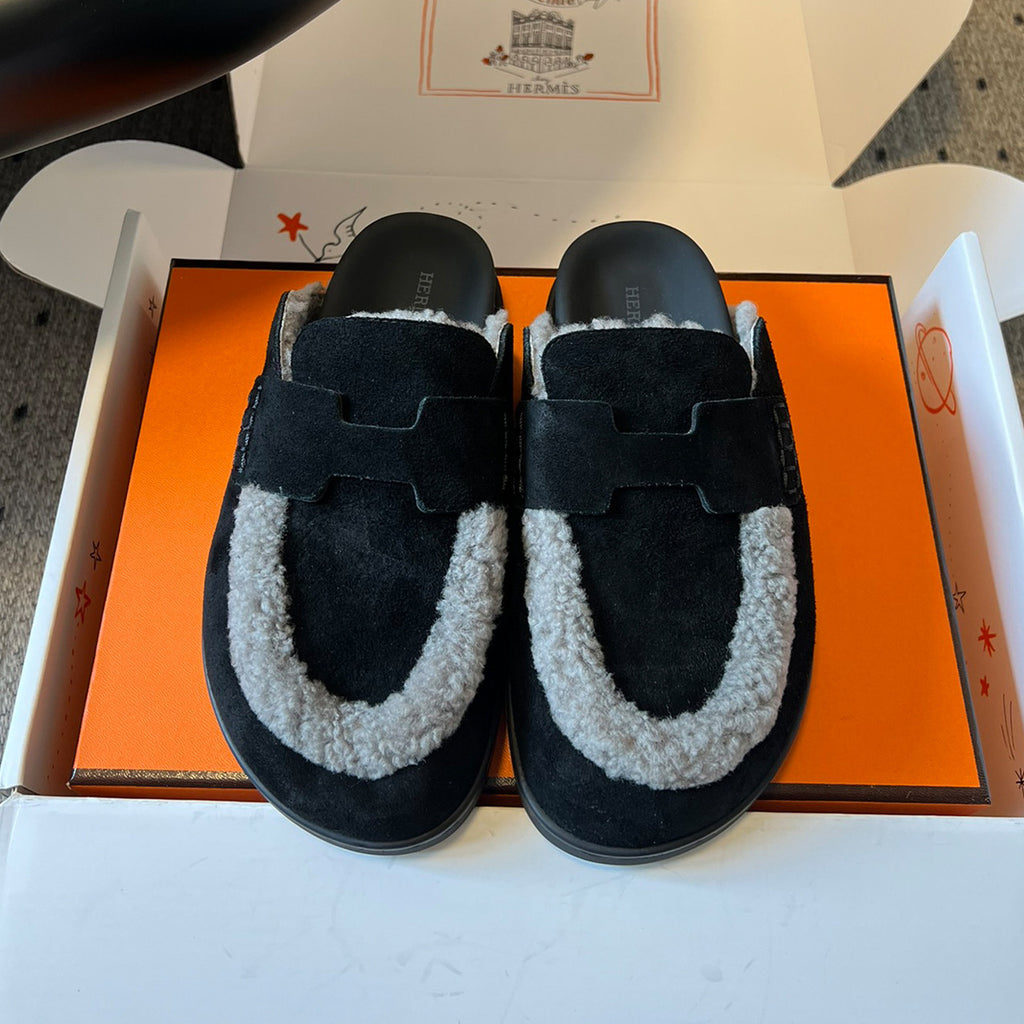Hermes Men's And Women's Winter Boken Shoes Round Toe Flat Heel Slippers Solid Color Suede Mule Go Shoes #81519