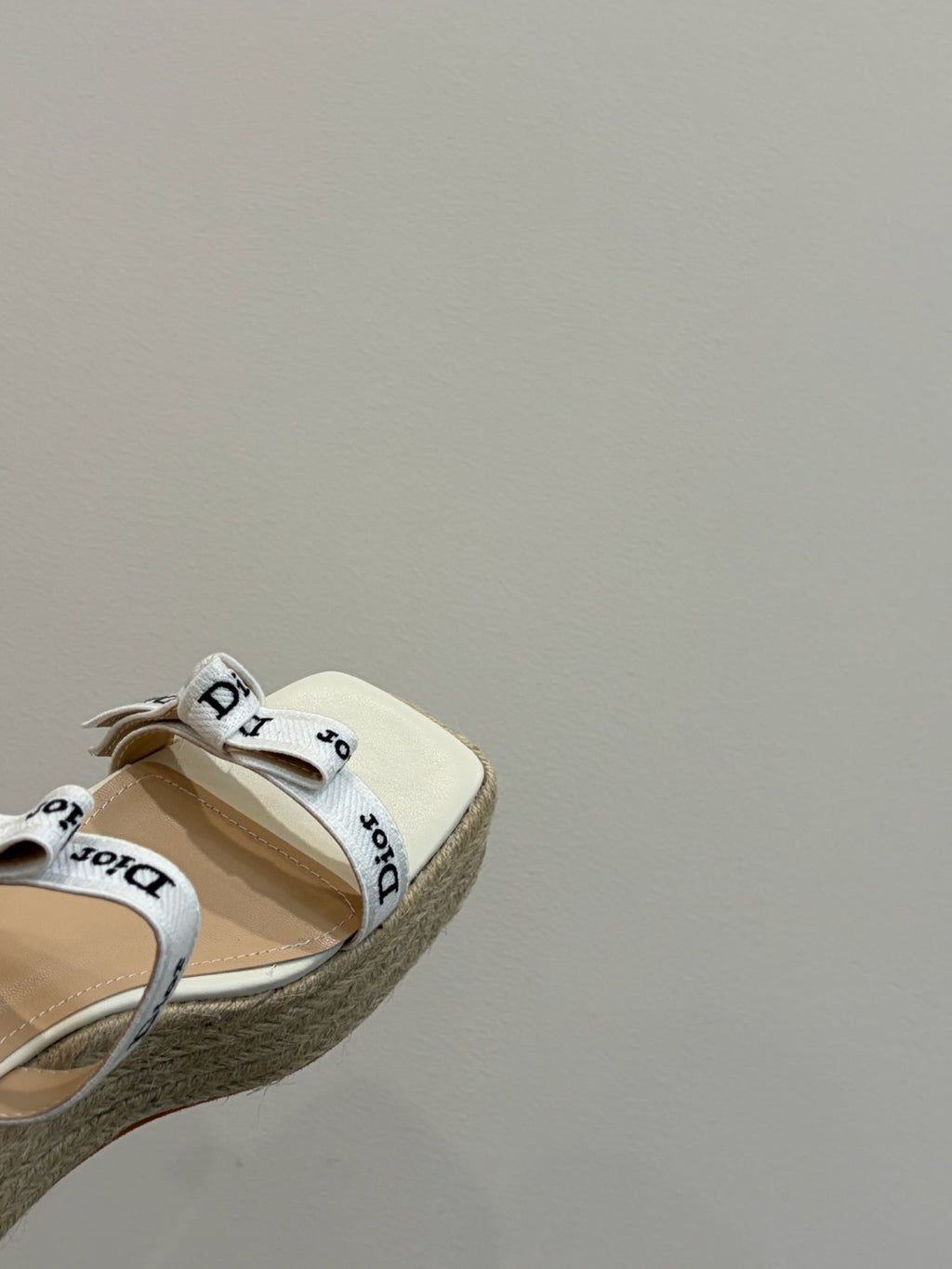 DIOR J Adior Wedge Slide with Straps White Embroidered Cotton and Natural Raffia #386876