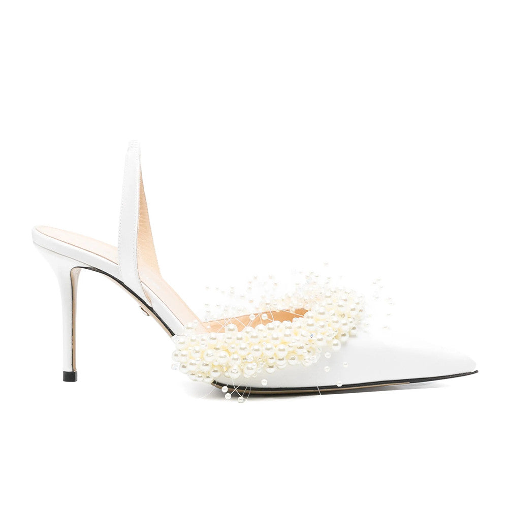Mach & Mach Women's Spring. Summer And Autumn Pointed Toe Pearl Decorated Satin Solid Color High Heels Fine Heeled 8.5cm Casual Sandals Shoes Ngvp #1532