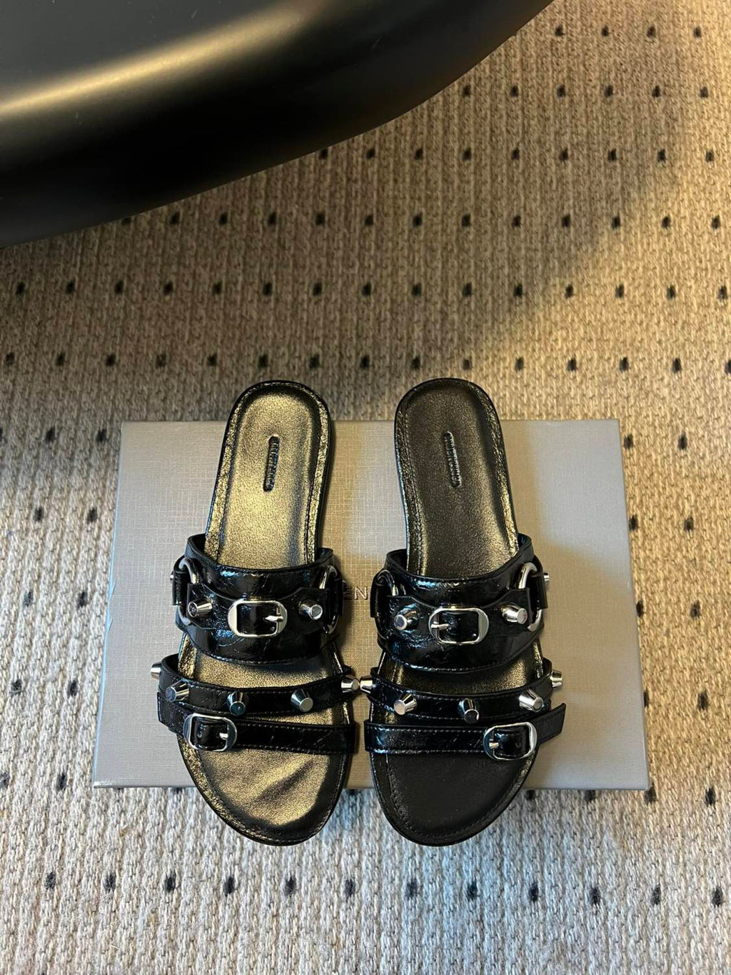 Balenciaga Women's Spring And Summer Fashion Rivets Belt Buckle Round Head Flat Slippers Punk Style Cowhide Sandals Leather  Shoes Ngvp #1595