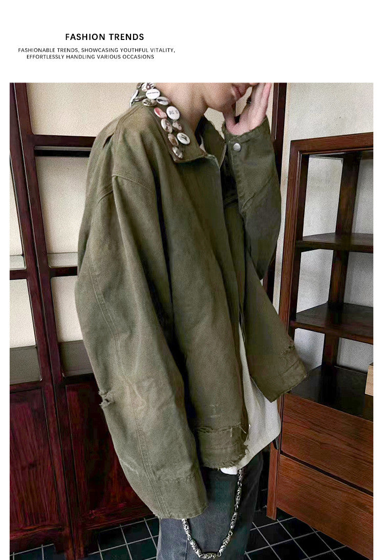 Enfants Riches Deprimes Men's Women's Spring And Autumn Lapel Faded Old Badge Solid Color Loose Long Sleeve Workwear Jacket Ngvp #9338