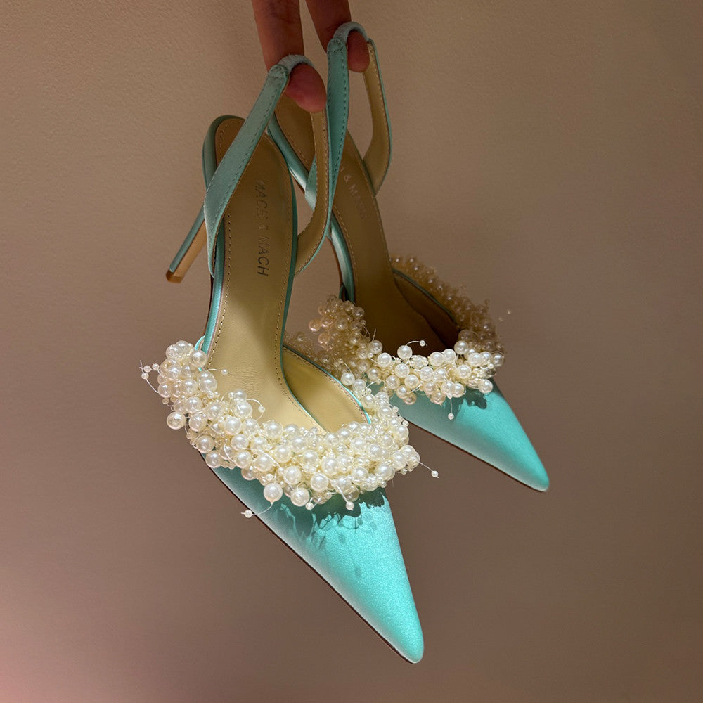 Mach & Mach Women's Spring. Summer And Autumn Pointed Toe Pearl Decorated Satin Solid Color High Heels Fine Heeled 8.5cm Casual Sandals Shoes Ngvp #1532