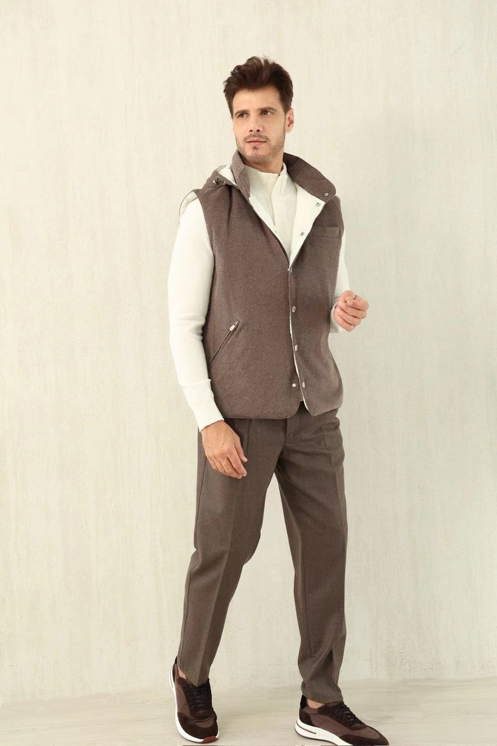 Brunello Cucinelli Men's Spring/Autumn Detachable Hooded Solid Color Single-Breasted Bonded Wool Flannel Down Vest Ngvp #2293