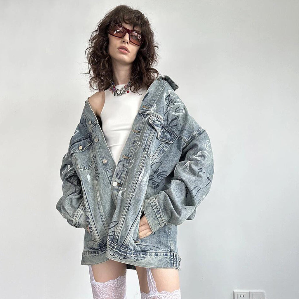 Balenciaga Men's Women's Spring And Autumn Graffiti Hand-painted Vintage Washed Denim Jacket Fashion Trend Loose Blue Loose Denim Jacket Ngvp #1974