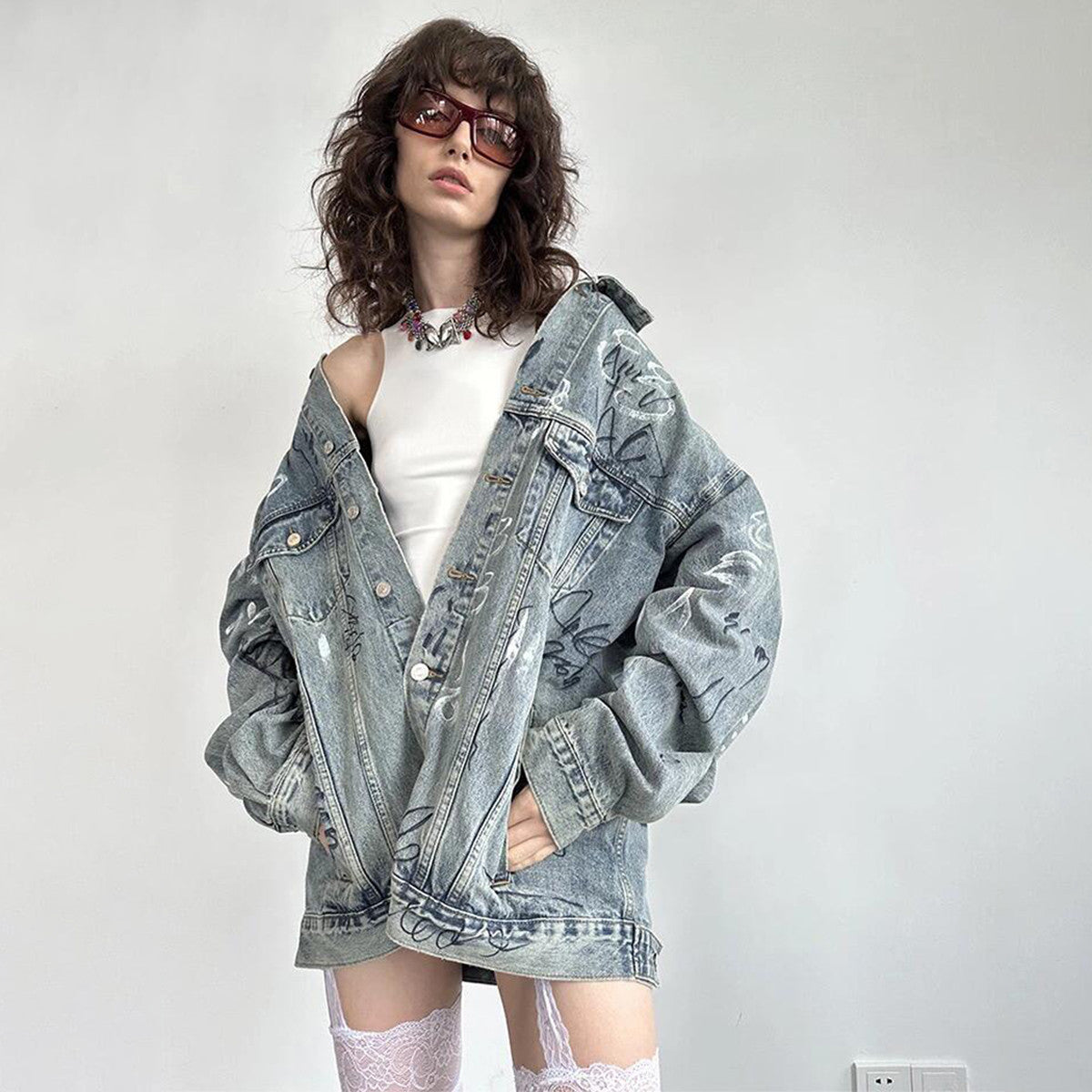 Balenciaga Men's Women's Spring And Autumn Graffiti Hand-painted Vintage Washed Denim Jacket Fashion Trend Loose Blue Loose Denim Jacket Ngvp #1974