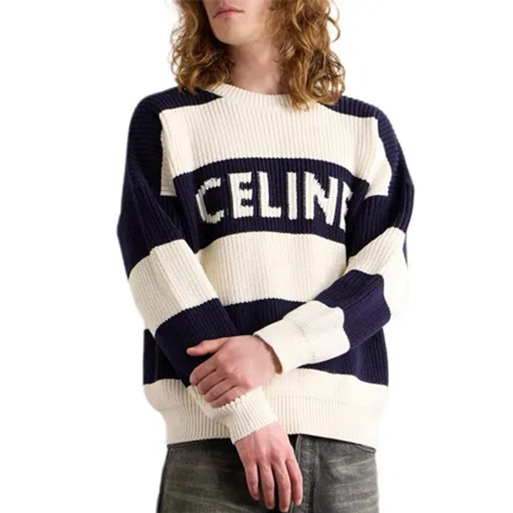 Celine Men's Colorblock Striped Logo Letter Knitted Loose Long-sleeved Sweater #334964