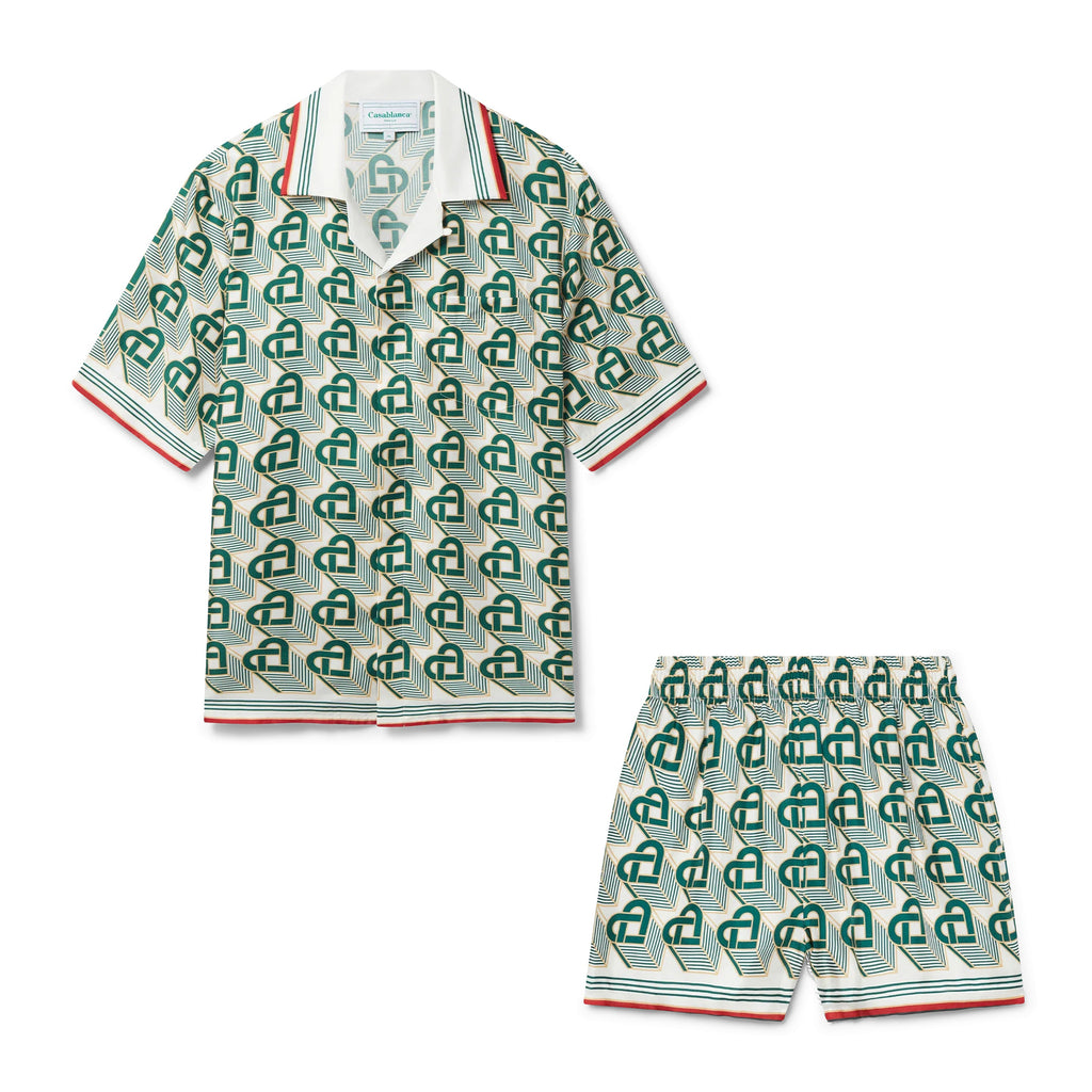 Casablanca Men's Summer Gradient Heart Printed Silk Short Sleeve Shirt Casual Elastic Lace-Up Shorts Ngvp #74512