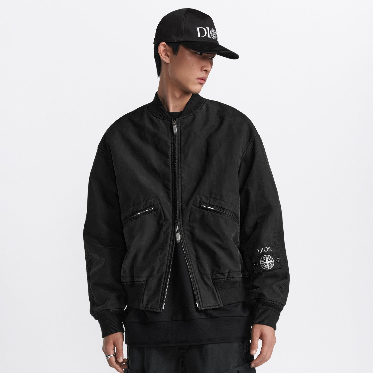 Dior X Stone Island Men's Spring Autumn Solid Color Letter Logo Pilot Zipper Long Sleeve Jacket Bomber Jacket #74685