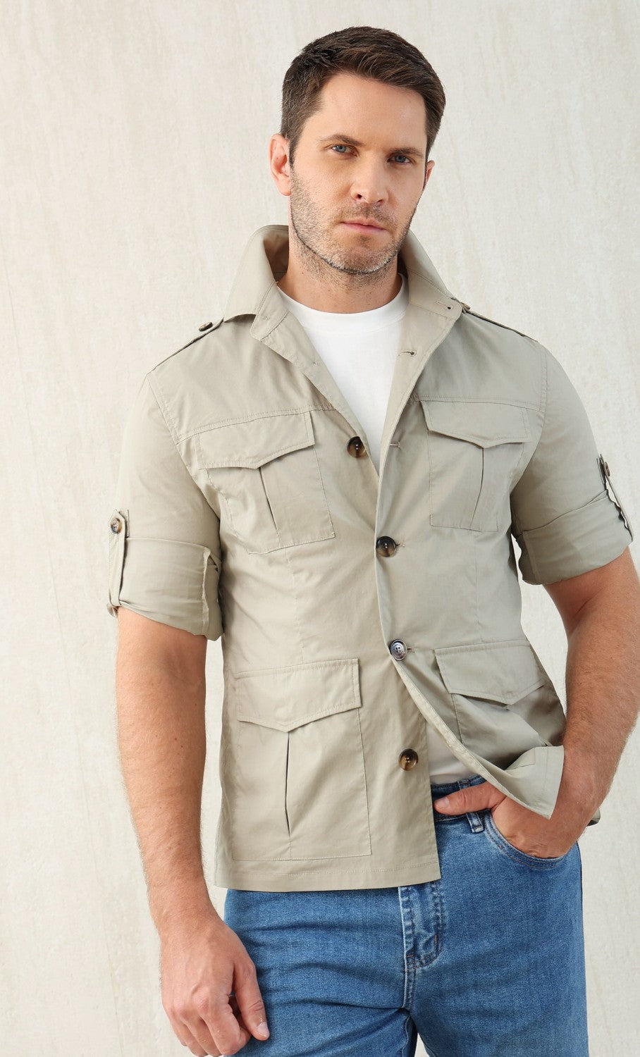Brunello Cucinelli Men's Spring & Fall Lightweight Water-Resistant Techno Cotton Unlined Safari Jacket Solid Color Lapel Single Breasted Shirt Style Jacket Ngvp #1946