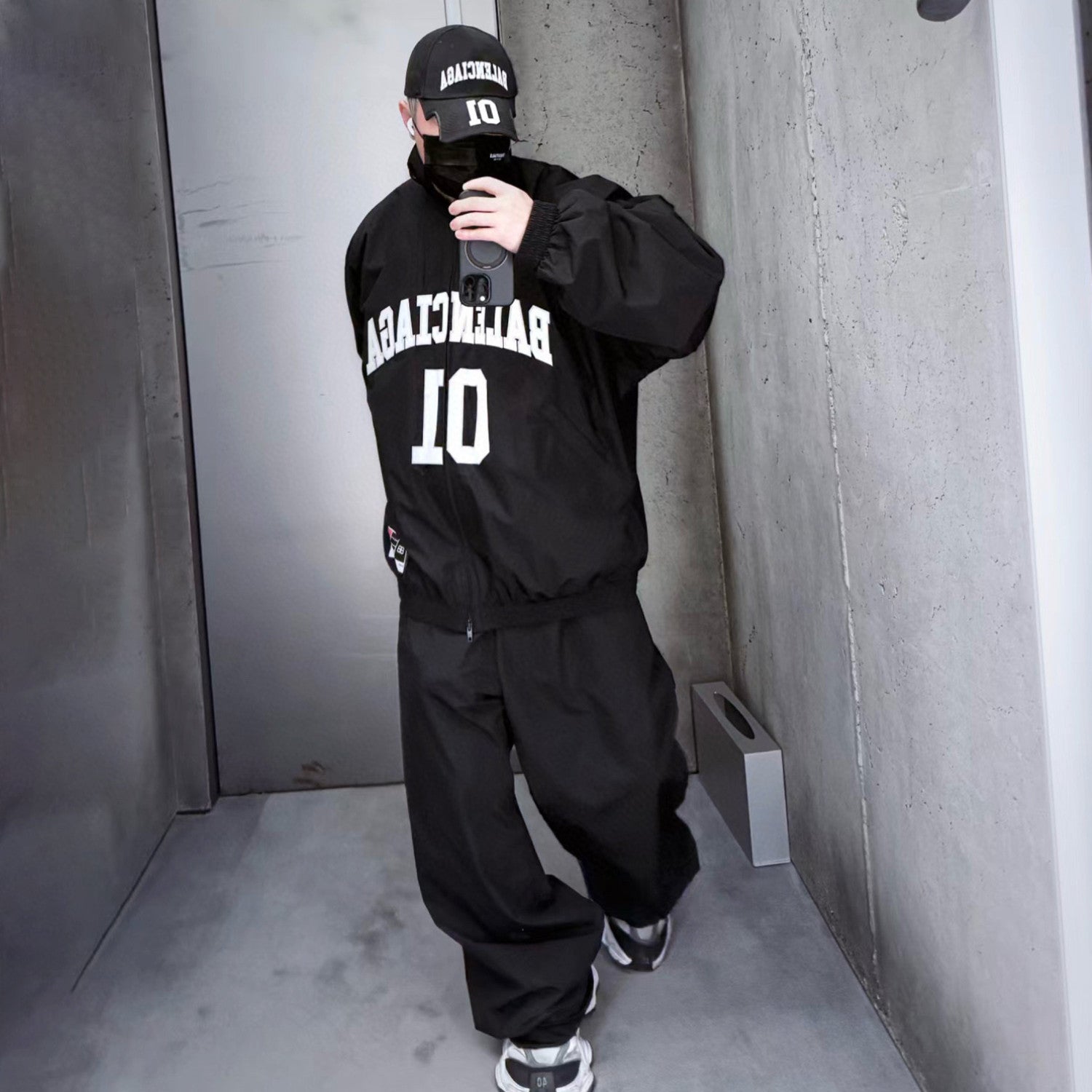 Balenciaga Men's Retro Basketball Sportswear Black High Street Standing Collar Zip Jacket Wide Leg Casual Trousers Pants Suit Set  #71859