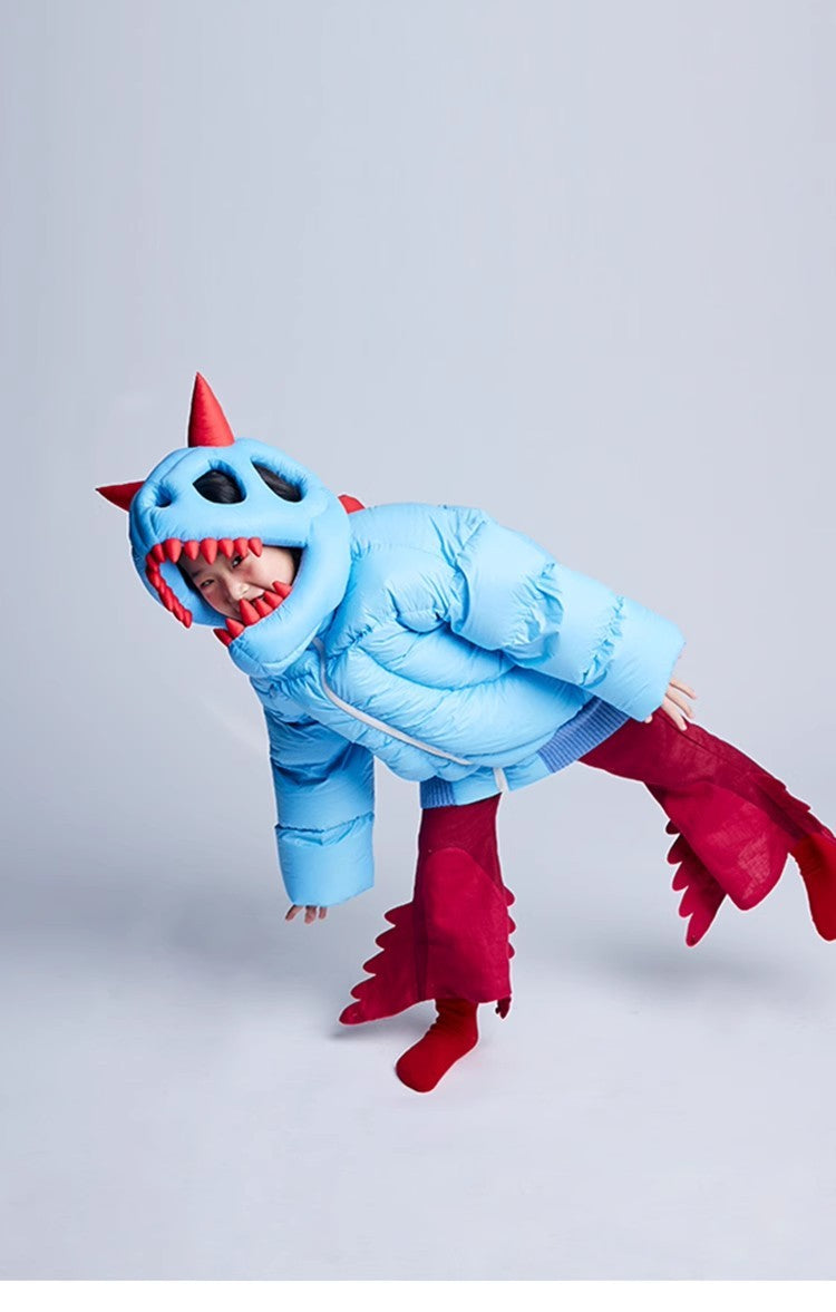 Kid's Autumn And Winter Solid Color Dinosaur Thickened Long Sleeve Hooded Puffer Down Jacket #31324