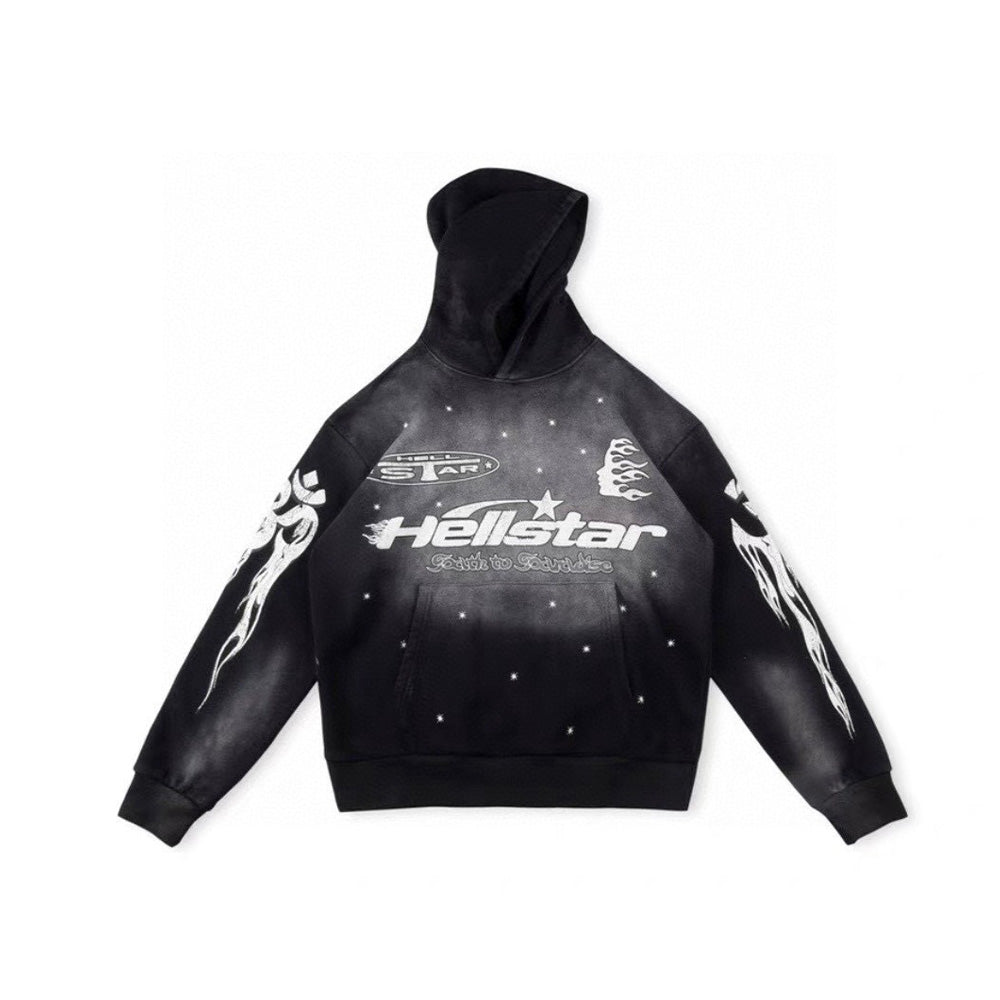 Hellstar Men's Spring and Autumn Solid Color Graffiti Washed High Street Padded Retro Hooded Long Sleeve Loose Sweats Ngvp #7498