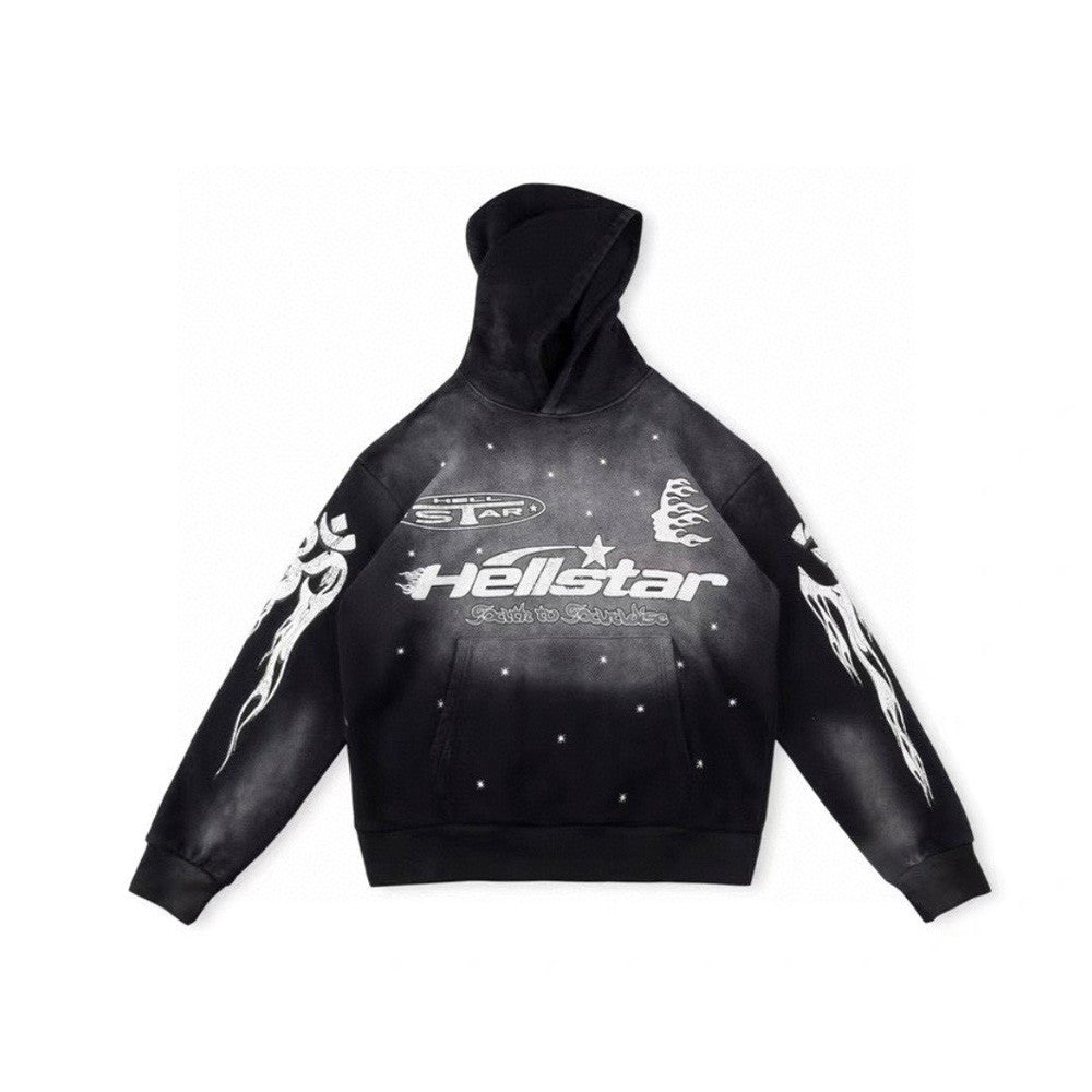 Hellstar Men's Spring and Autumn Solid Color Graffiti Washed High Street Padded Retro Hooded Long Sleeve Loose Sweats Ngvp #7498