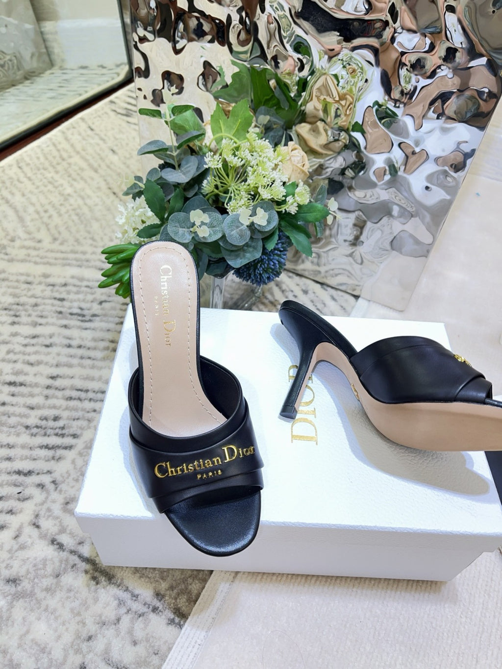 My Dior Heeled Slide Women's Summer Gold Letter Print Solid Color Leather 10cm High Heel Sandals Shoes #77216