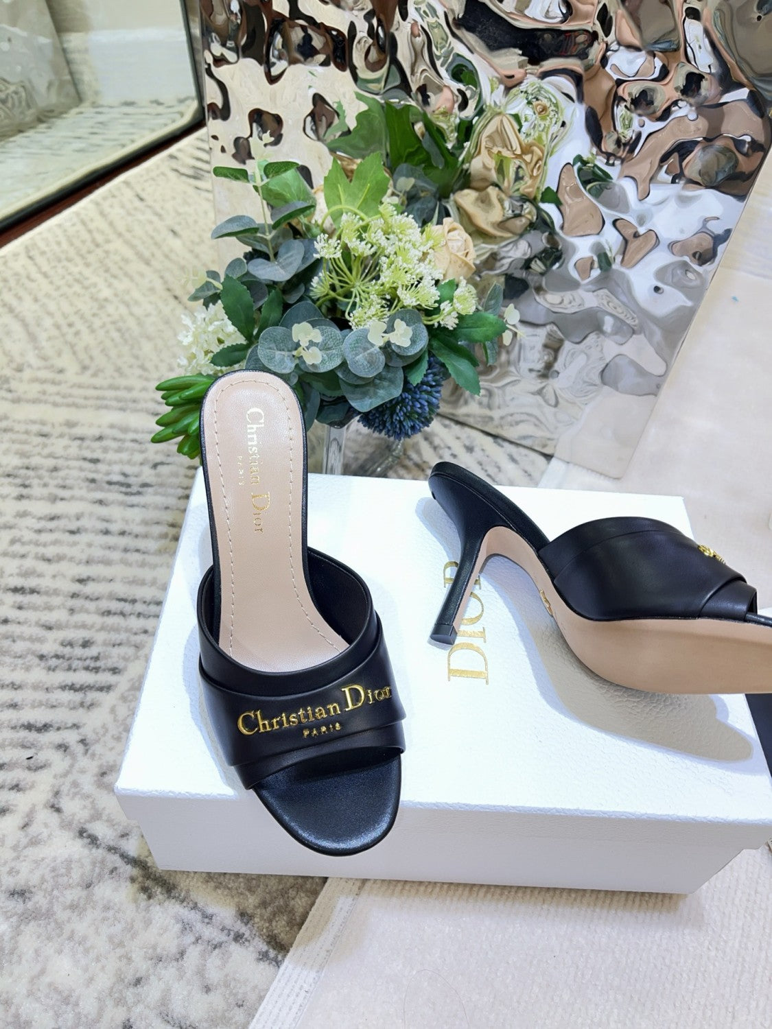 My Dior Heeled Slide Women's Summer Gold Letter Print Solid Color Leather 10cm High Heel Sandals Shoes #77216