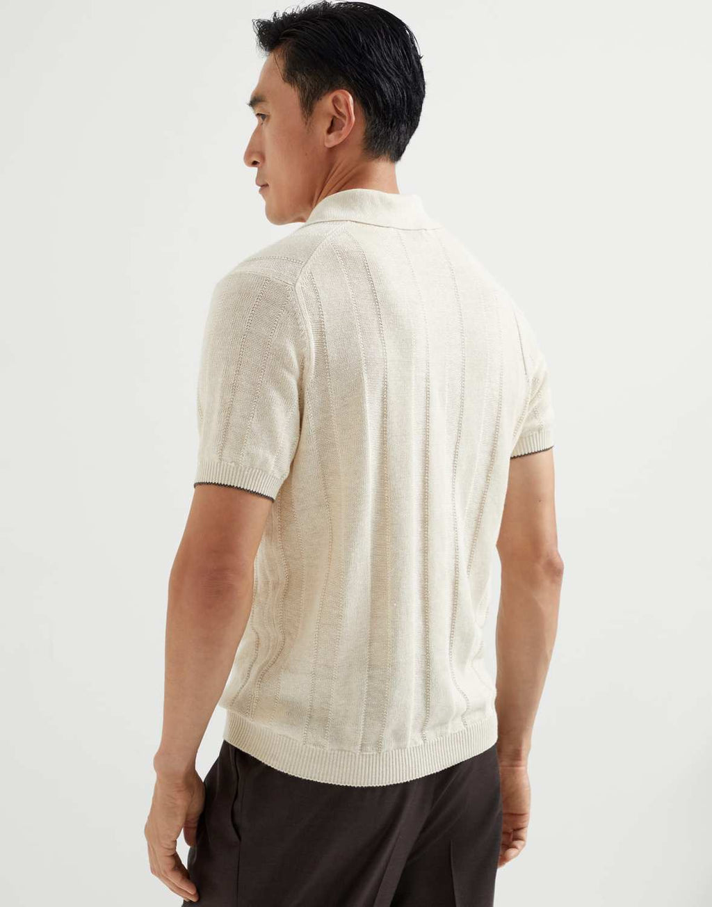 Brunello Cucinelli Men's Summer Solid Color Fitted Short Sleeve Linen And Cotton Wide Rib Knit Polo Shirt Ngvp #1559