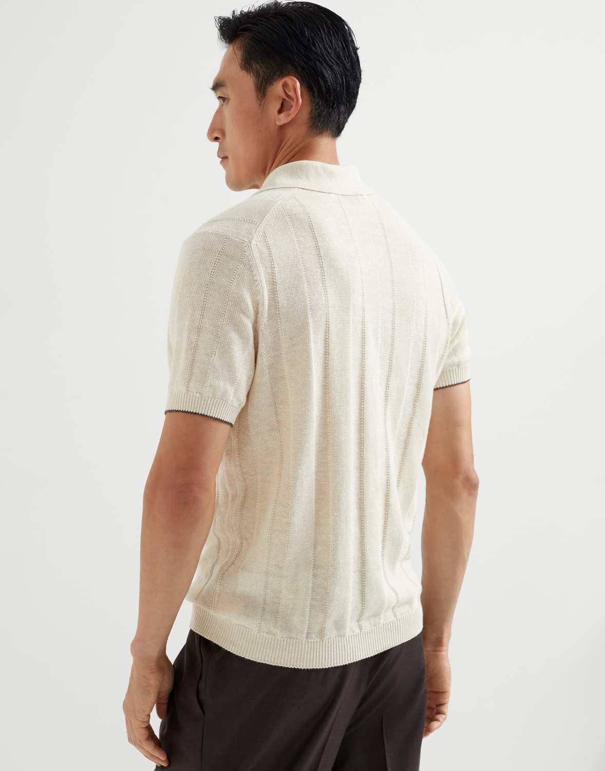 Brunello Cucinelli Men's Summer Solid Color Fitted Short Sleeve Linen And Cotton Wide Rib Knit Polo Shirt Ngvp #1559