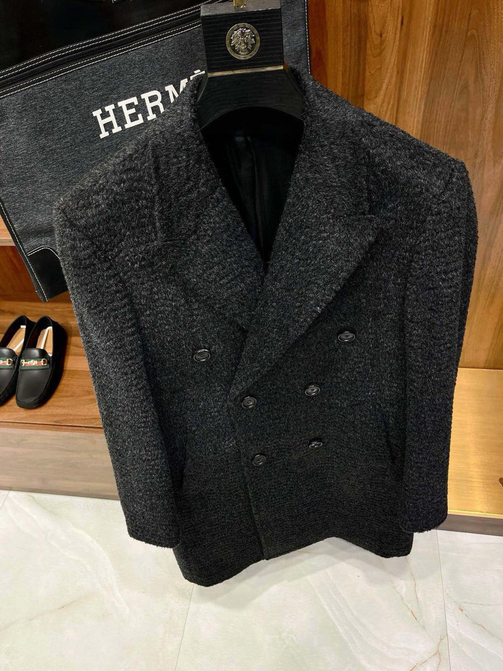 Hermes Men's Fall And Winter Water Wave Texture Casual Double-Breasted Medium-Length Wool Blend Coat Ngvp #9882