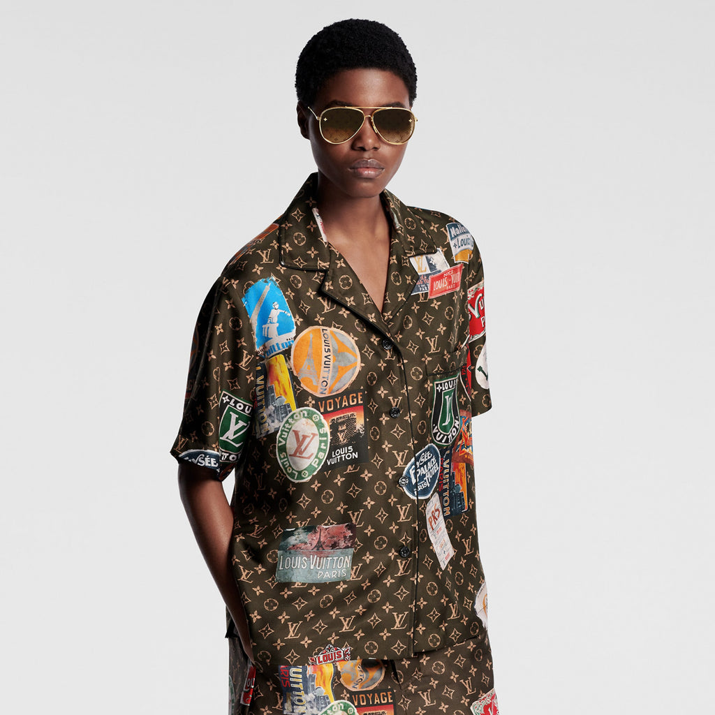 Louis Vuitton Women's Summer Monogram Printed Lapel Silk Single Breasted Short Sleeve Shirt #99775