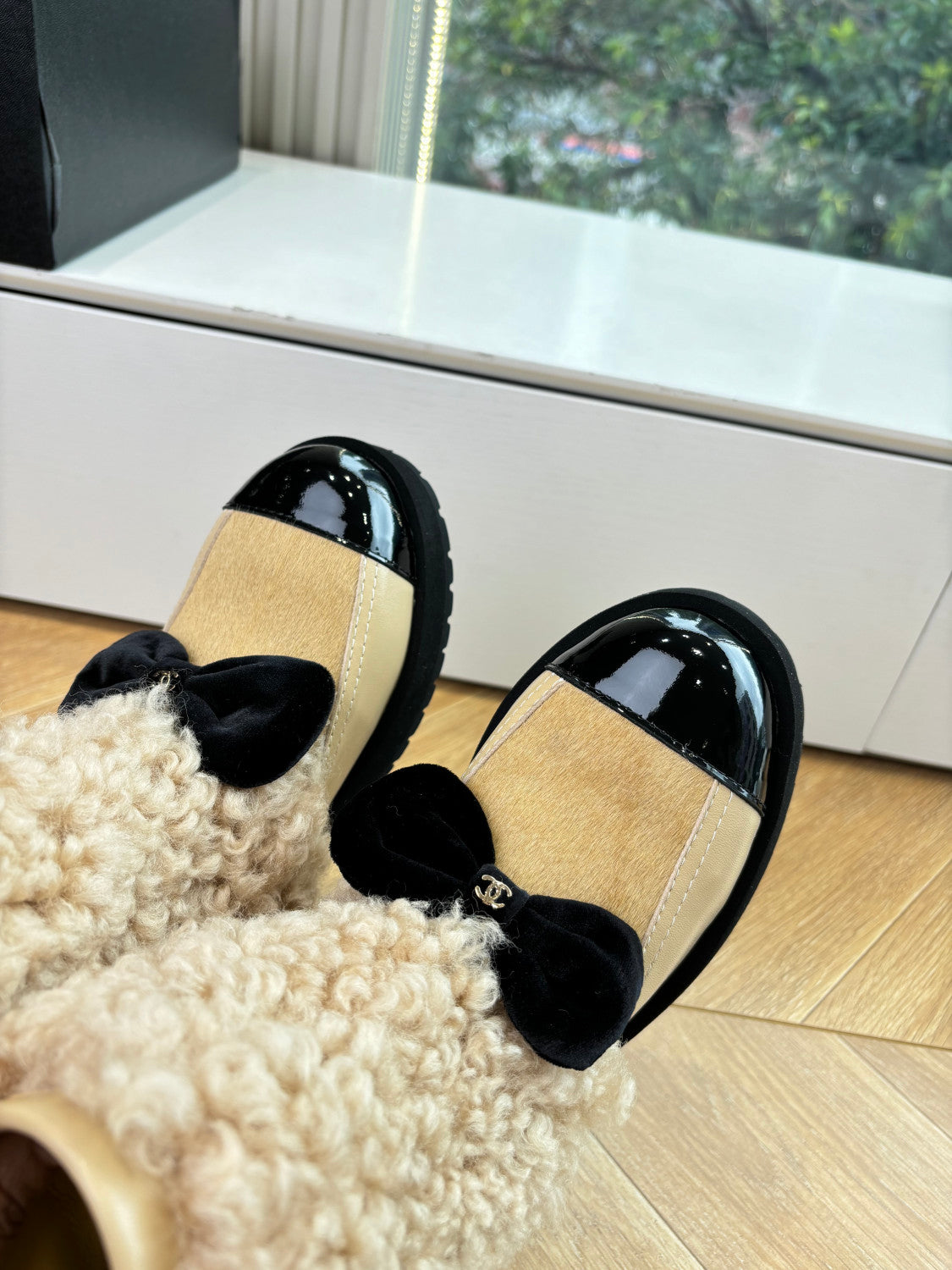 Chanel Short Boots Shearling Lambskin Calfskin Lambskin Patent Calfskin Beige Black #334244