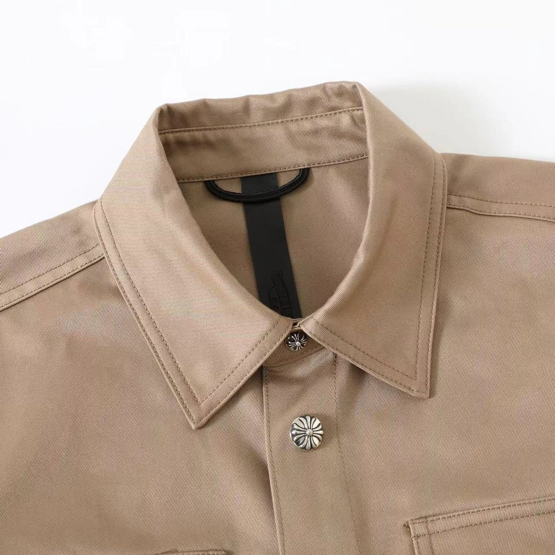 Chrome Hearts Men's Spring/Fall Casual Style Checkered Collar Single-Breasted Solid Color Shirt Jacket Set with Relaxed Fit Workwear Pants #78854