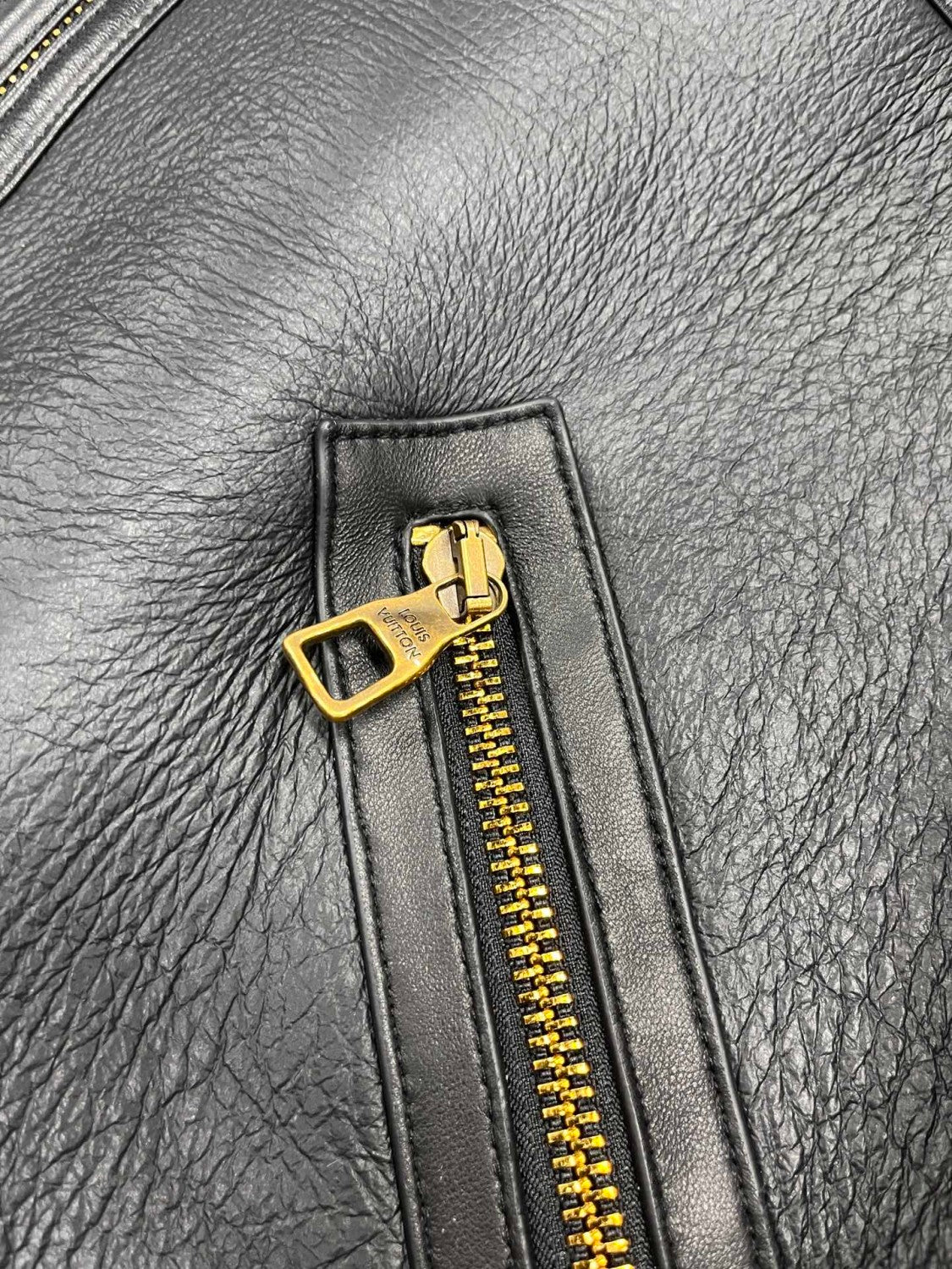 Louis Vuitton Men's Fall/Winter Black Logo Print Embossed Leather Long Sleeve Zipper Jacket #73254
