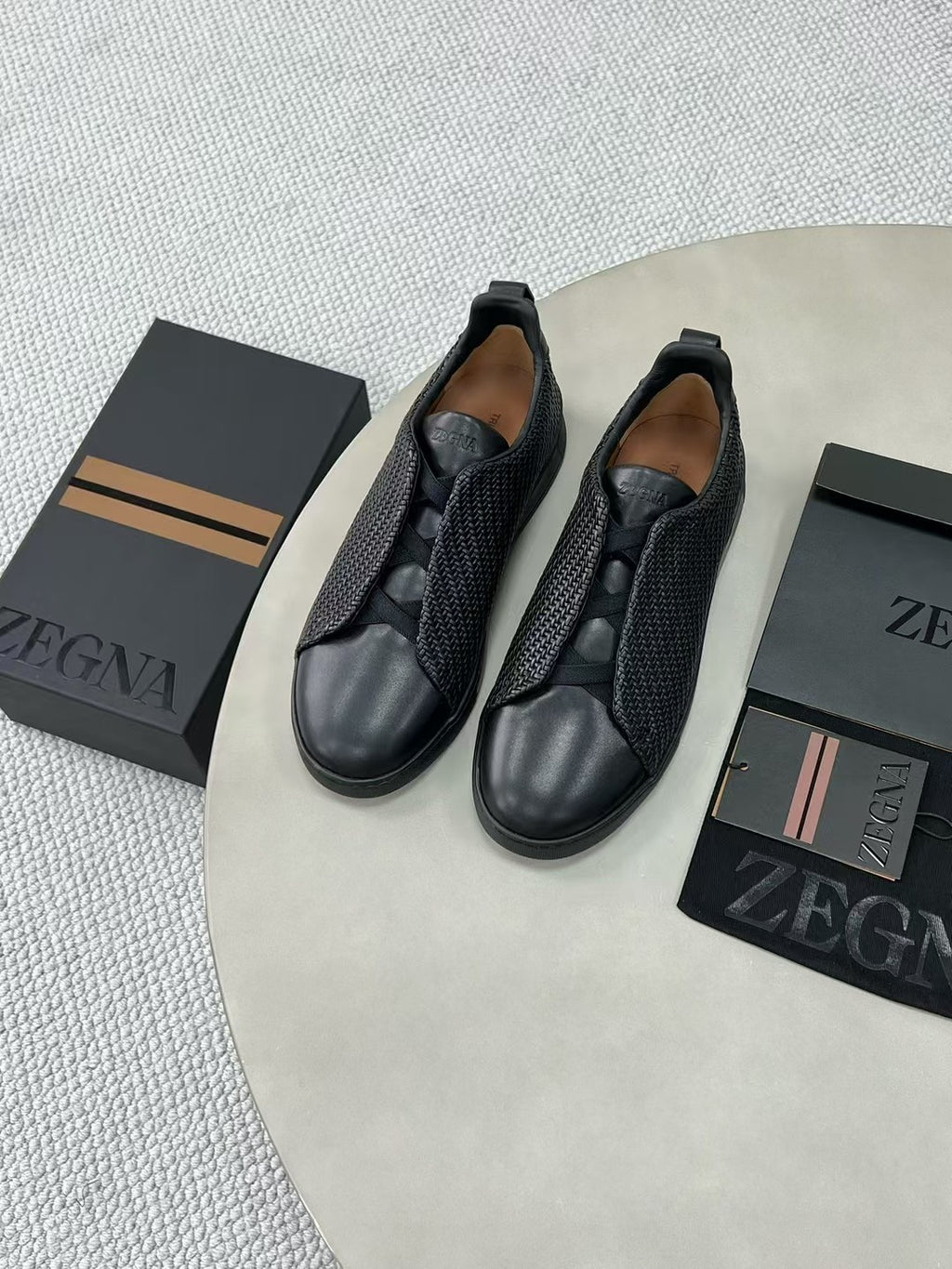 Ermenegildo Zegna Stitch Men's Solid Color Round Toe Slip-On Woven Leather Casual Skate Shoes #77926
