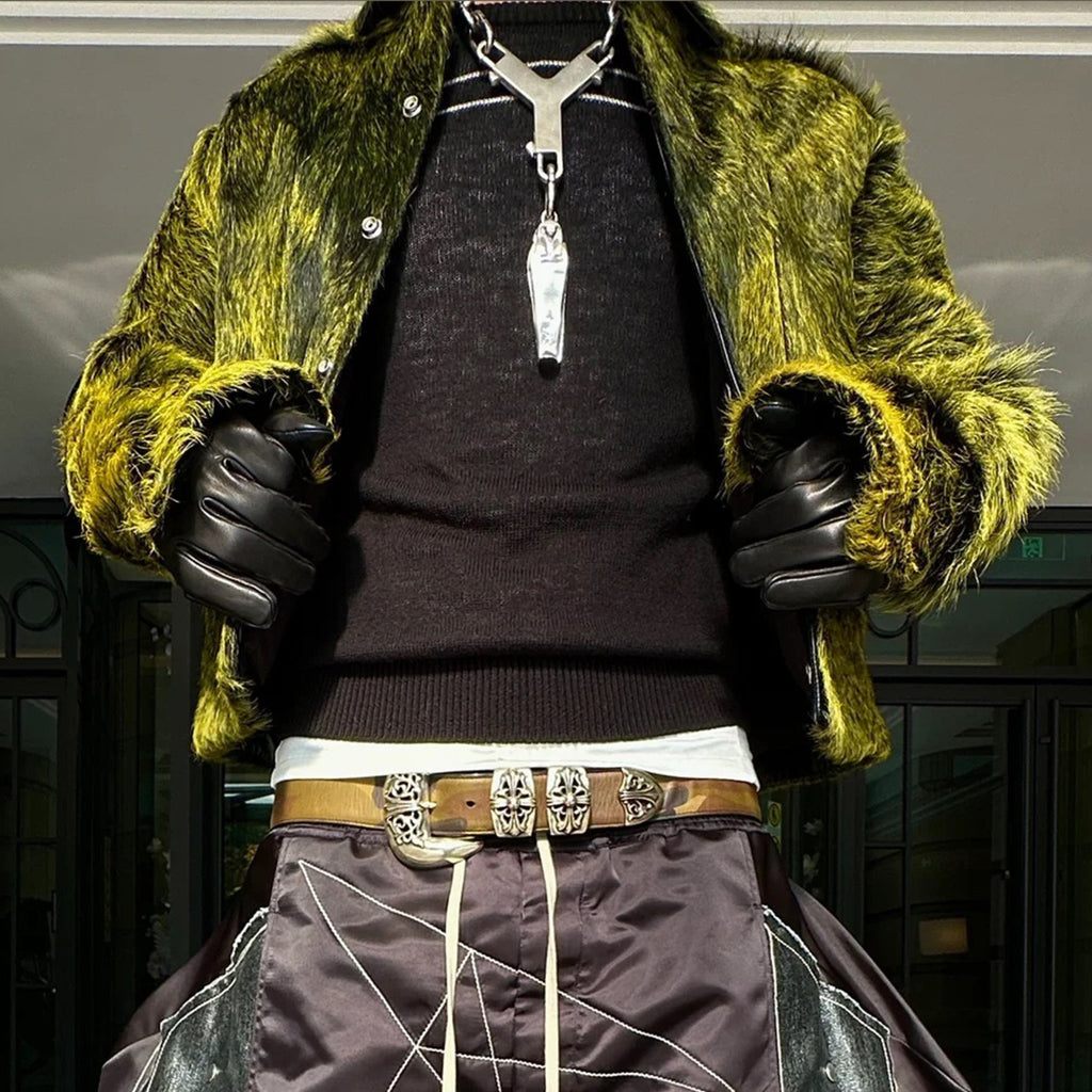 Rick Owens Men's spring and fall trend of high street retro yellow-green plush cowhide jacket lapel single-breasted casual jacket Ngvp #8247