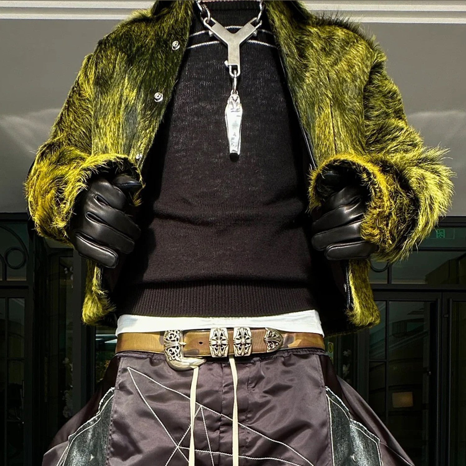 Rick Owens Men's spring and fall trend of high street retro yellow-green plush cowhide jacket lapel single-breasted casual jacket Ngvp #8247