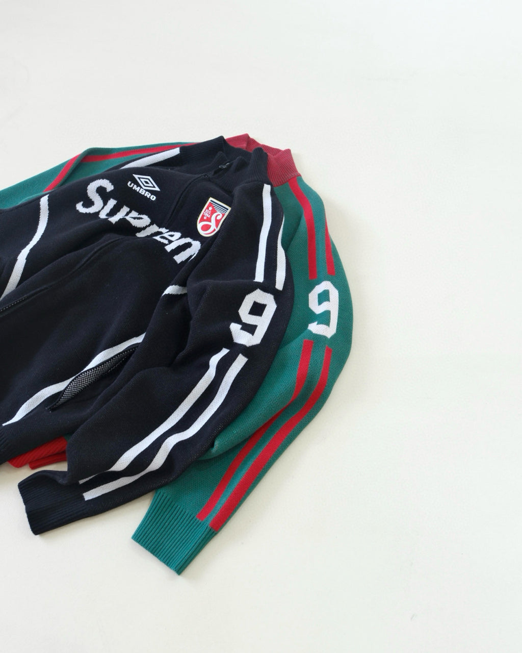 Supreme X UMBRO ZIP UP SWEATER Men's And Women's Spring And Summer Color-blocked Long-sleeved Knit Sweater With Embroidered Logo On The Chest Jacket And Casual Drawstring Shorts Set Suit #77888