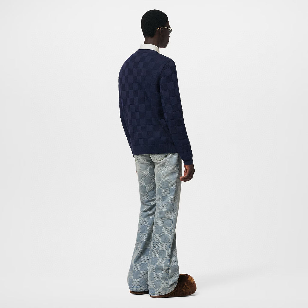 Louis Vuitton Men's Spring and Autumn Letter Embroidery Blue Crew Neck Casual Pullover Wool Sweater #98436