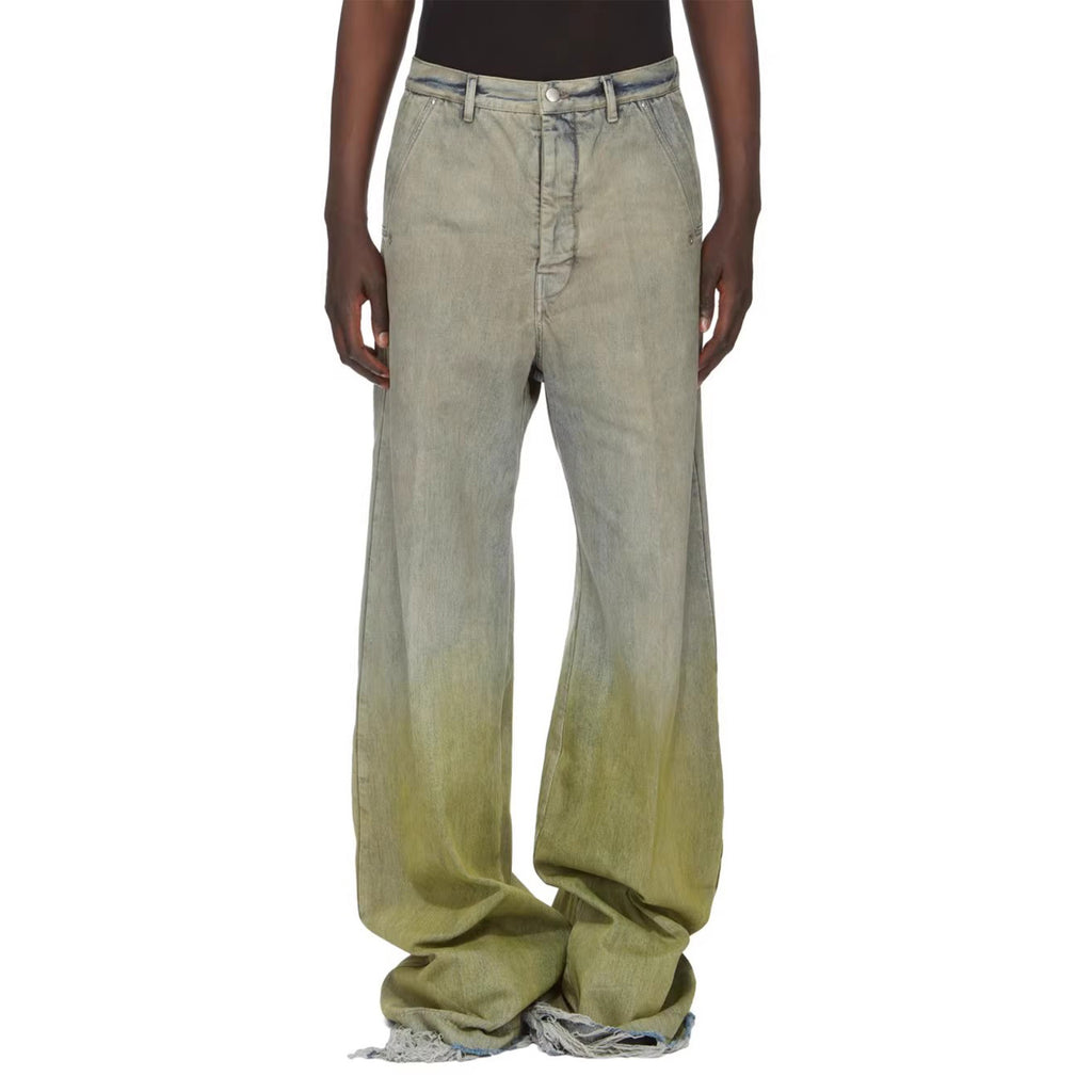 Rick Owens Men's Women's Four Seasons Gradient Yellow Green Washed Vintage Hole Breaking Wide Leg Denim Long Pants Ngvp #8192