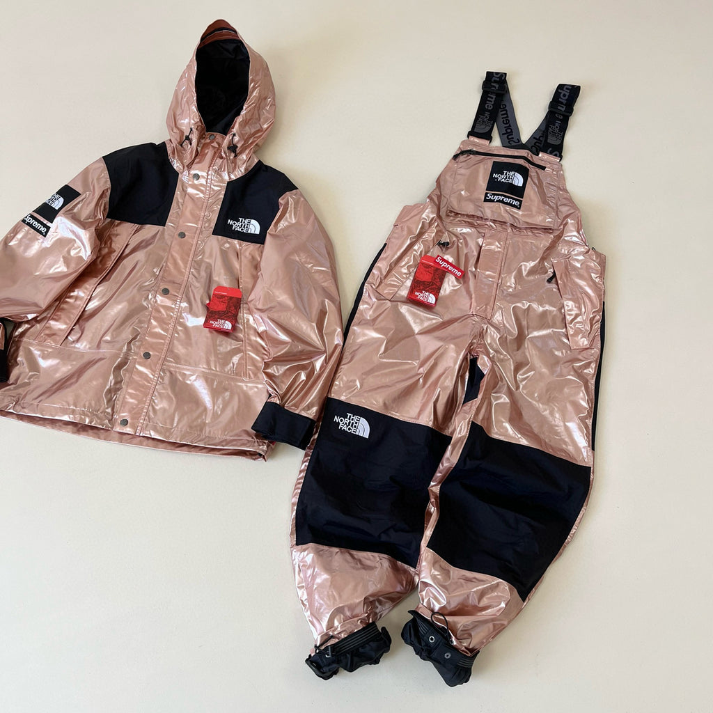 Supreme X The North Face Men's Winter Nylon Metallic Single Breasted Zip Hooded Jacket Bib Pants Overall Set Suit #97741