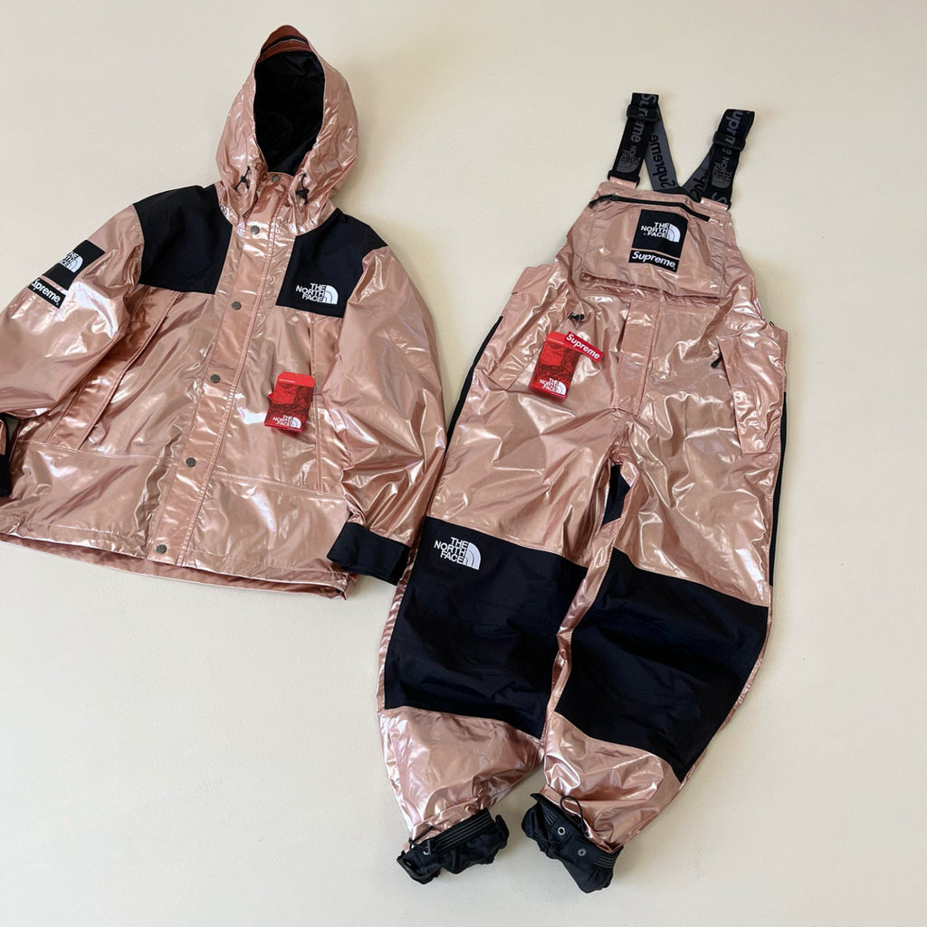 Supreme X The North Face Men's Winter Nylon Metallic Single Breasted Zip Hooded Jacket Bib Pants Overall Set Suit #97741