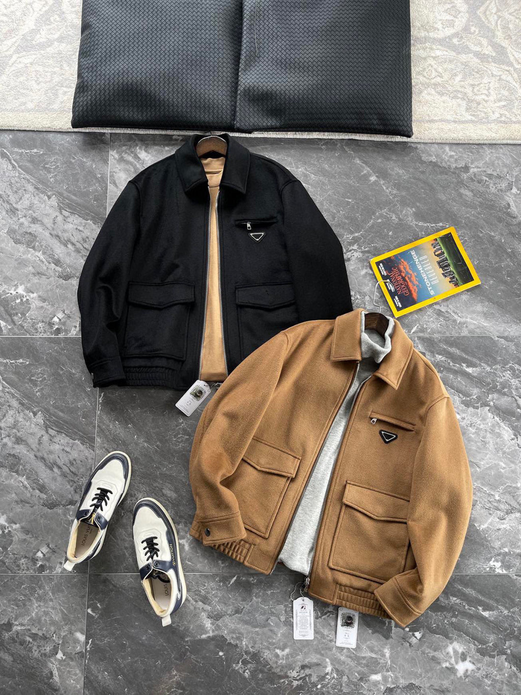 Prada Men's Autumn/Winter Inverted Triangle Logo Sheep Wool Lapel Zip Up Long Sleeve Jacket #97881