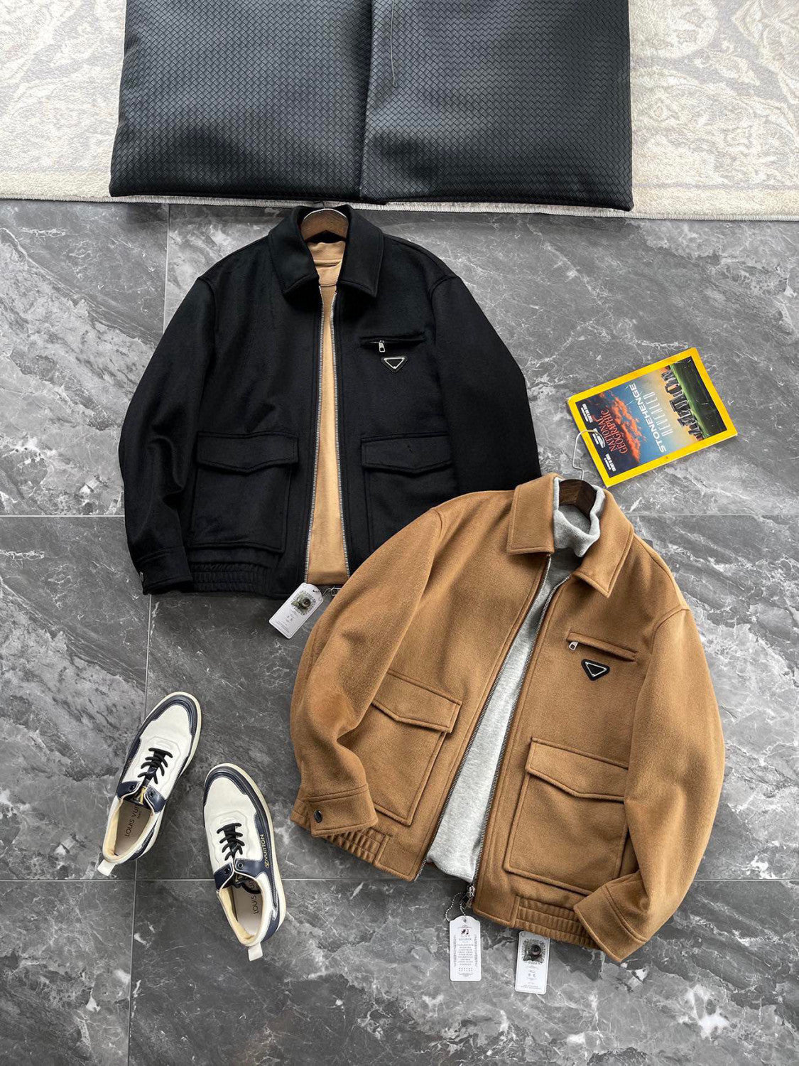 Prada Men's Autumn/Winter Inverted Triangle Logo Sheep Wool Lapel Zip Up Long Sleeve Jacket #97881
