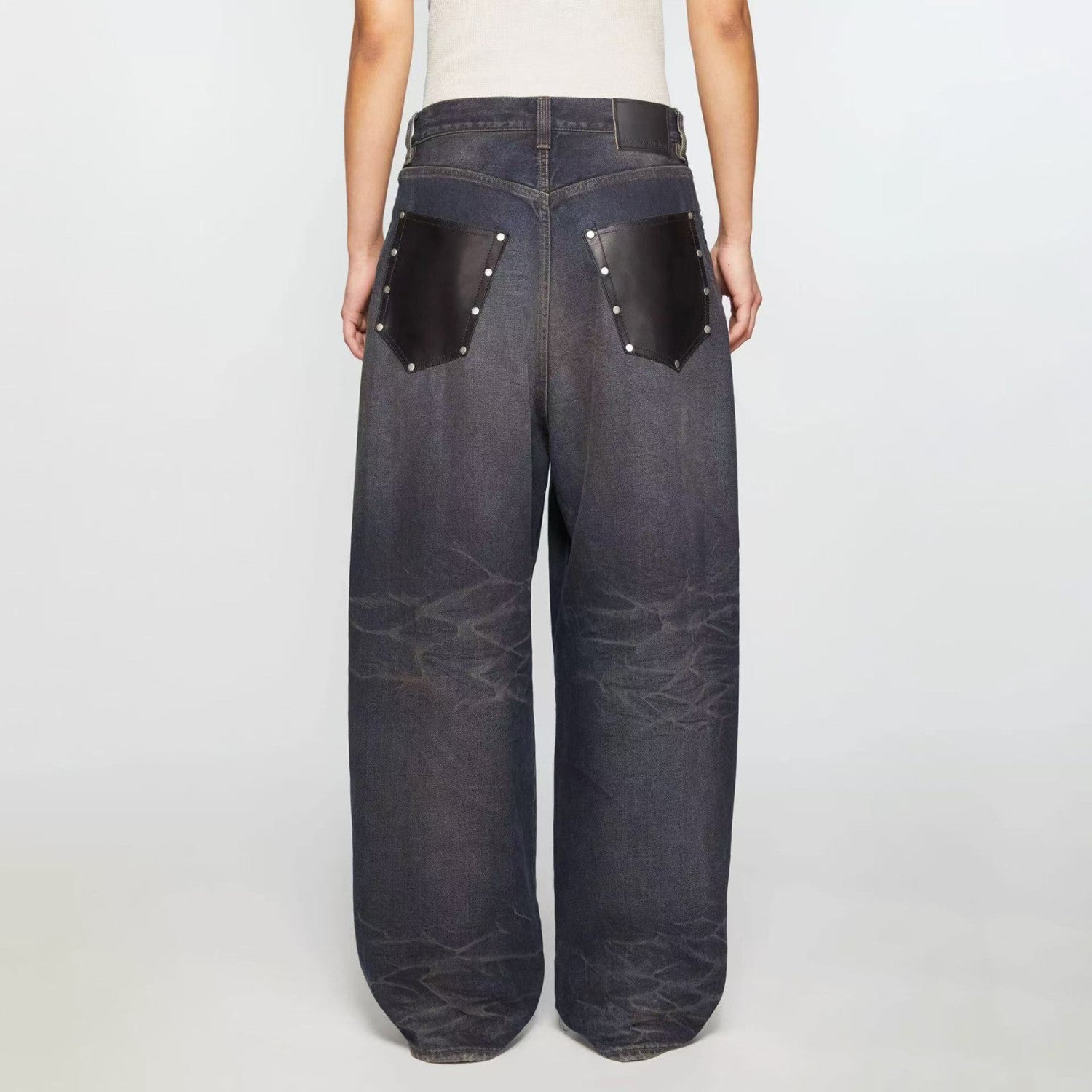Acne Studios Men's Fall And Winter Dirty-dyed Old Metal Leather Pockets Washed Cat Whiskers Baggy Jeans Loose Wide-legged Pants Ngvp #2472