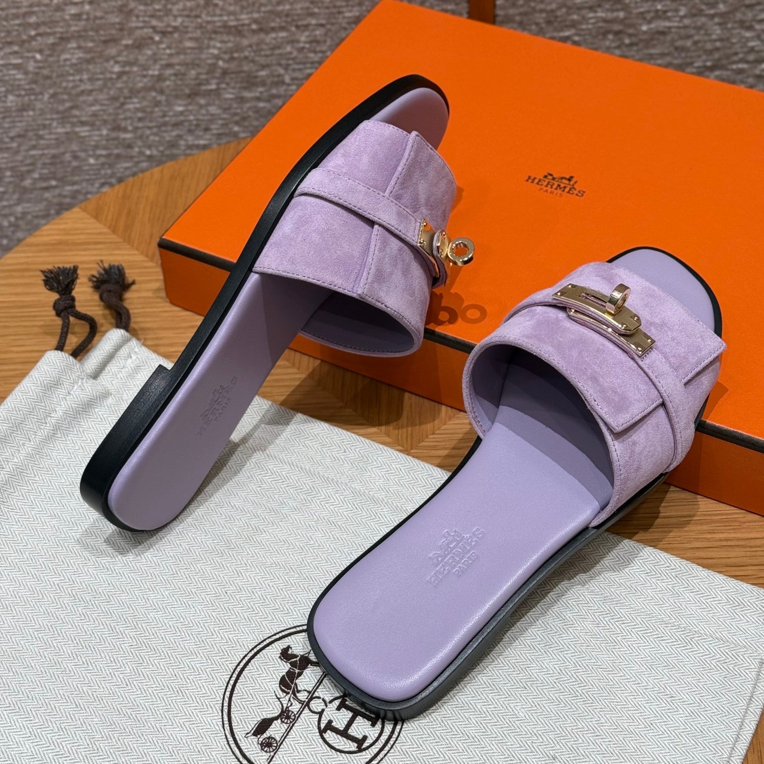 Hermes Giulia Women's Summer Solid Color Metal Buckle Round Toe Suede Leather Sandals Slippers Shoes #77667