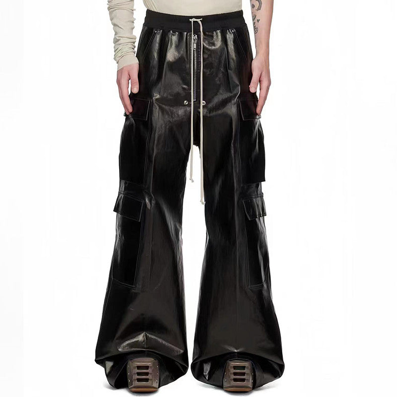Rick Owens Men's Fashion Biker Retro Work Pants Zipper Drawstring Black Multi-pocket Loose Long Pants Ngvp #7442