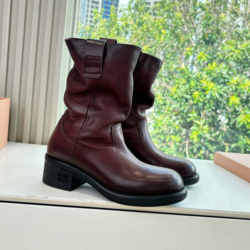 MiuMiu Women's Fall/Winter Fashion Classic Solid Color Leather Round Toe Slip On Chunky Heel High Top Biker Style Boots Shoes #79484