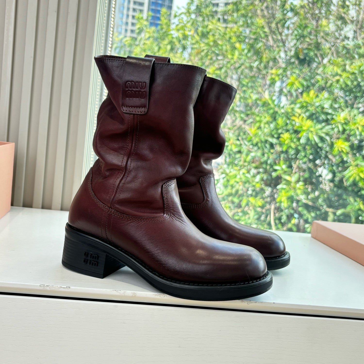 MiuMiu Women's Fall/Winter Fashion Classic Solid Color Leather Round Toe Slip On Chunky Heel High Top Biker Style Boots Shoes #79484