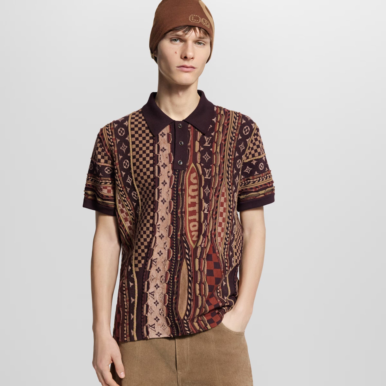 Louis Vuitton Men's Summer Logo Jacquard Knit Cotton-Blend Vintage Twist-Knit Short-Sleeve Polo Shirt #81582