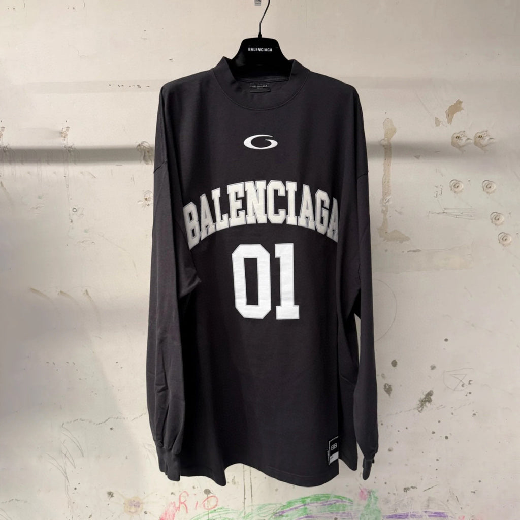 Balenciaga Basketball Series Men's Washed Black White Vintage Plain Knit Oversized Fit Long Sleeve T-shirt Vintage 01 Jersey High Street T-shirt Top Spring Summer #71858