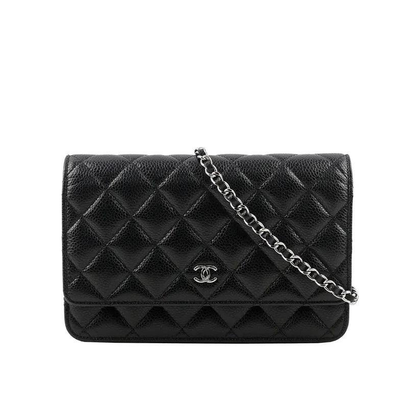 CHANEL Classic CC Logo Silver Buckle Lychee Leather Black #332724